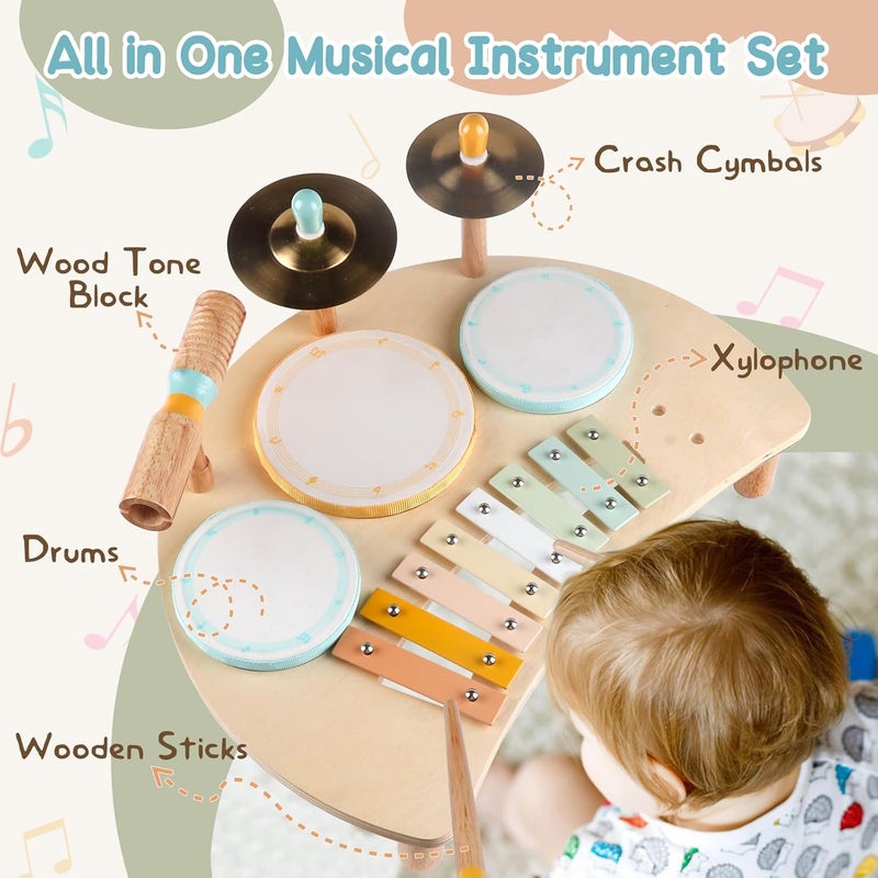 Rmischolar Kids Drum Set, Montessori Musical Instruments for Toddlers 1-3, Wooden Musical Toys for Babies, Preschool Educational Baby Drum Kit with Xylophone, Birthday Gift for Boys Girls - Image 4